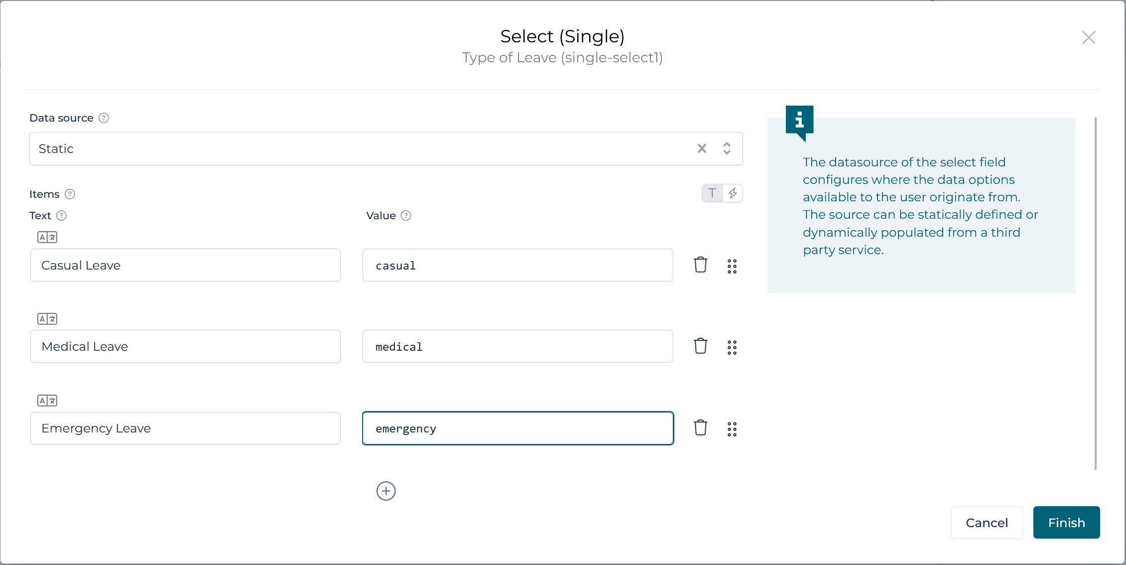Type of leave options