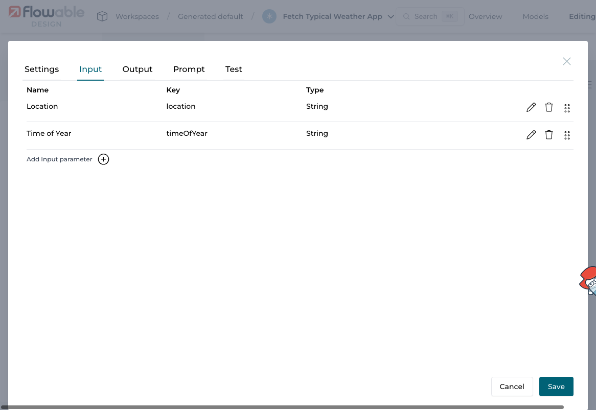 List of input parameters