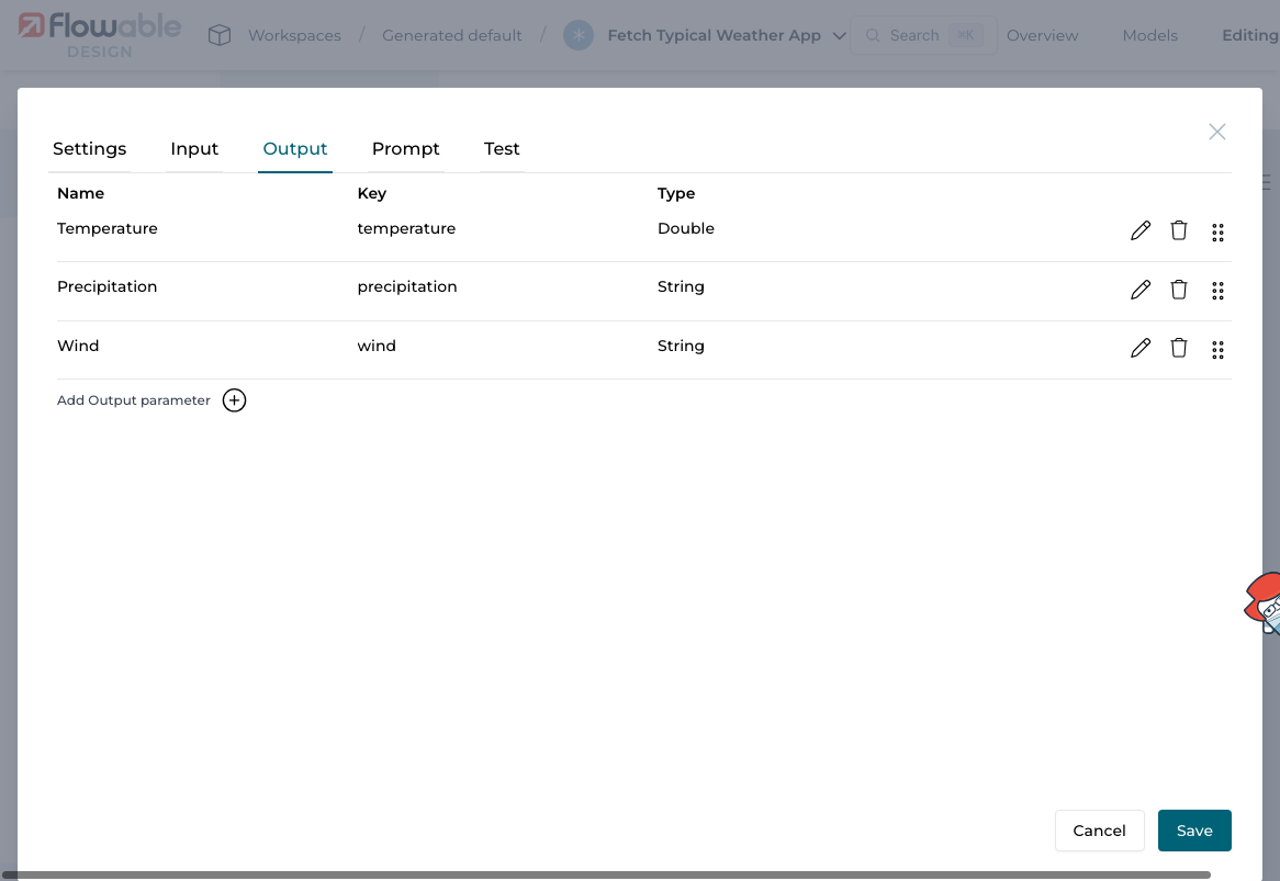 List of output parameters