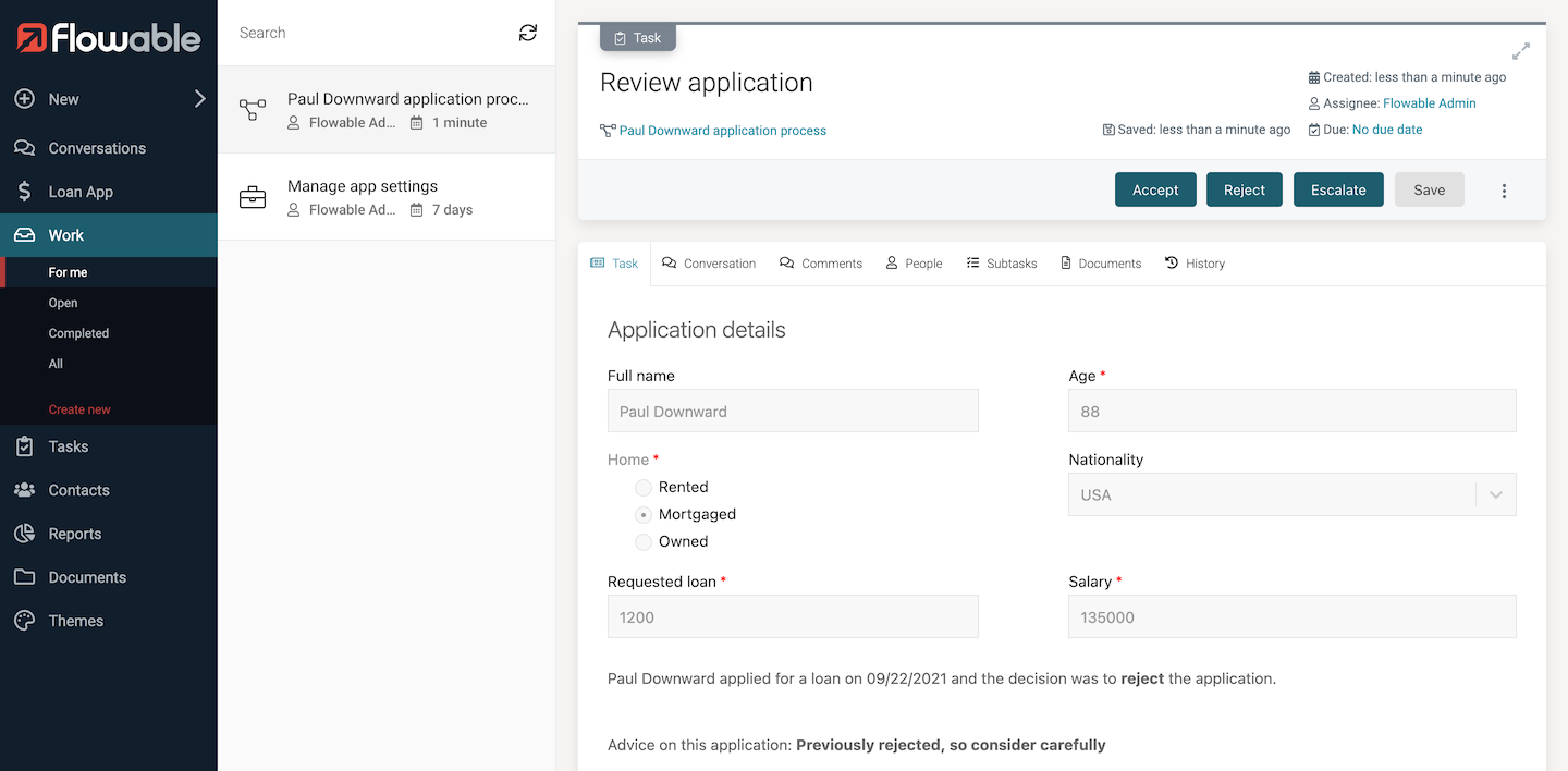Previous application shown
