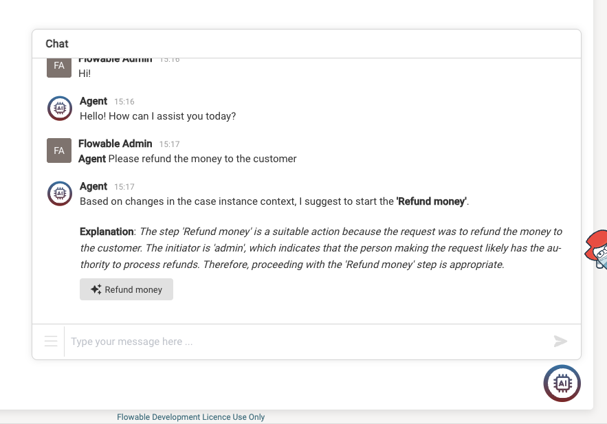 Sample of AI suggestion in the chat with the user